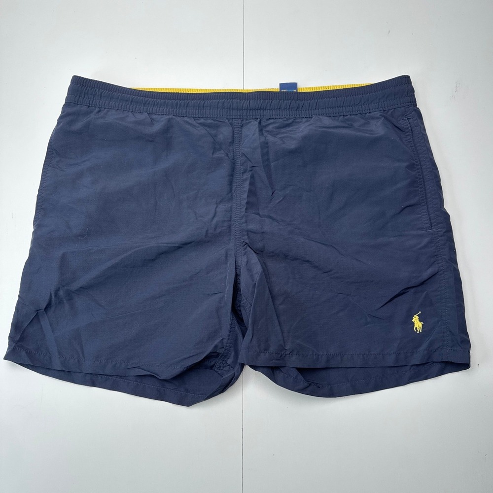 Polo Ralph Lauren Mens Navy Blue Swim Trunks Yellow Pony Logo Mesh Lined Large